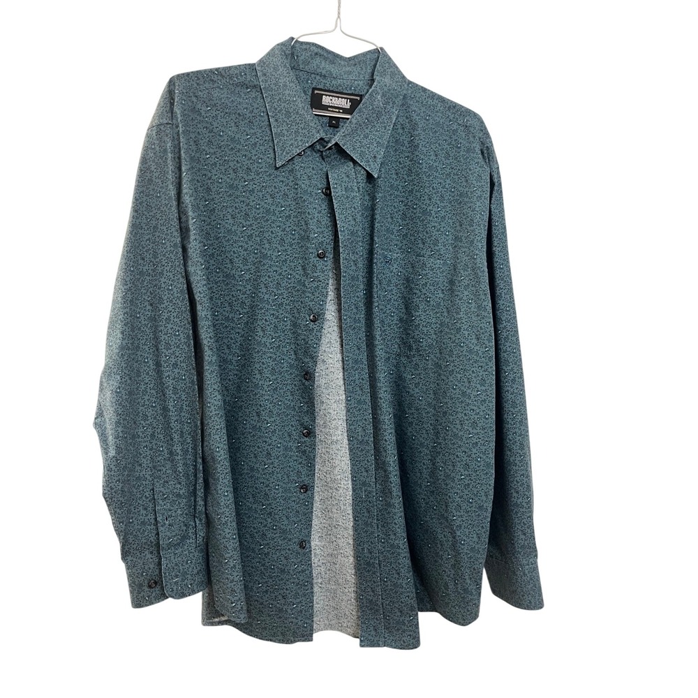 Rock&Roll Denim Vintage '46 Men XL‎ Blue Floral Print Long Sleeve ButtonUp Shirt